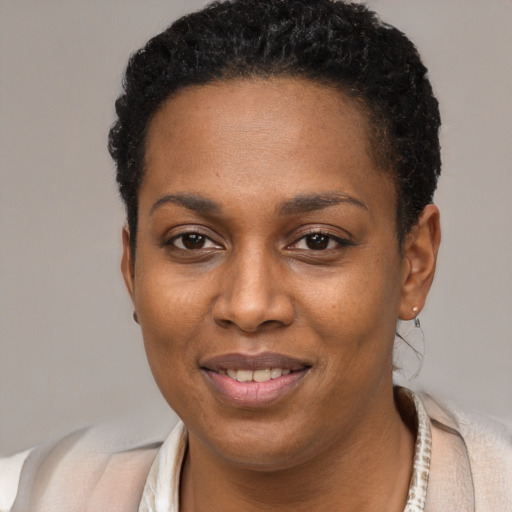 Joyful black young-adult female with short  black hair and brown eyes