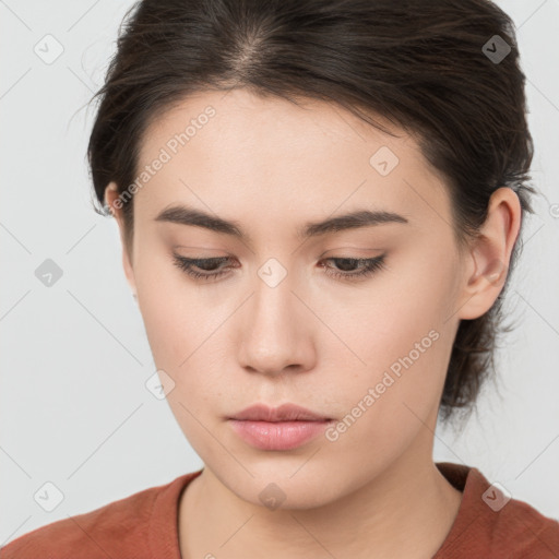 Neutral white young-adult female with medium  brown hair and brown eyes