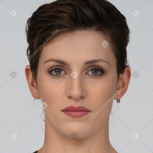 Neutral white young-adult female with short  brown hair and brown eyes