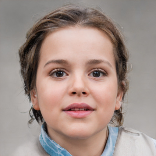 Joyful white child female with medium  brown hair and blue eyes