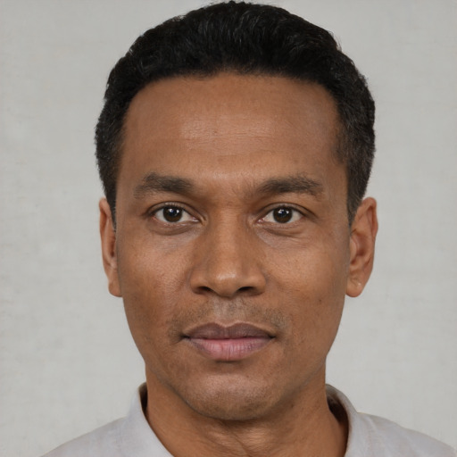 Joyful black adult male with short  black hair and brown eyes