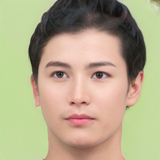 Neutral asian young-adult male with short  black hair and brown eyes