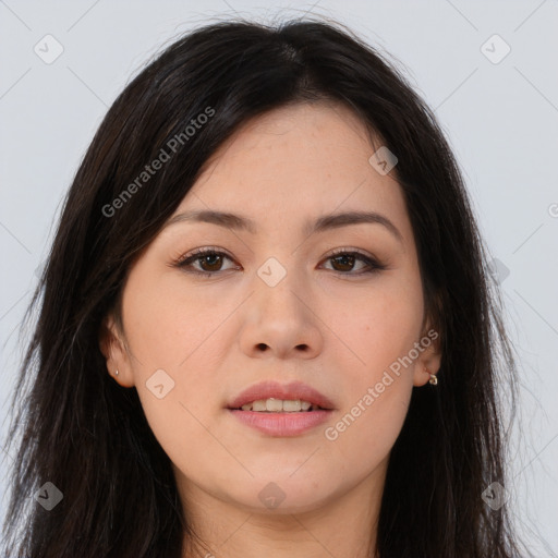 Joyful asian young-adult female with long  brown hair and brown eyes