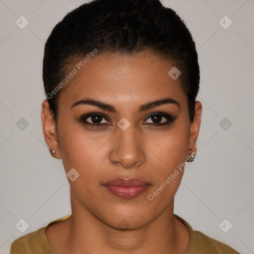 Neutral latino young-adult female with short  brown hair and brown eyes