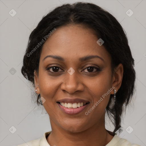 Joyful black young-adult female with medium  black hair and brown eyes