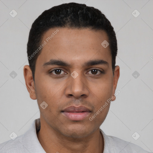 Neutral latino young-adult male with short  black hair and brown eyes