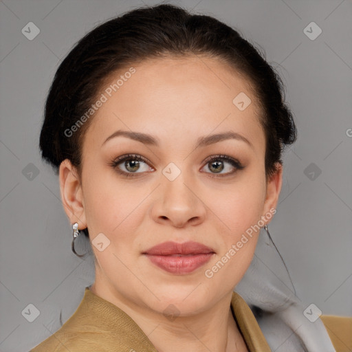 Joyful white young-adult female with medium  brown hair and grey eyes