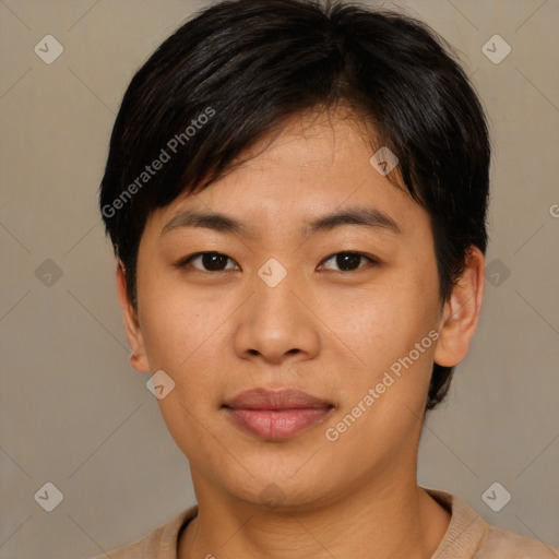 Joyful asian young-adult female with short  brown hair and brown eyes