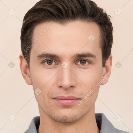 Neutral white young-adult male with short  brown hair and brown eyes