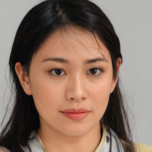 Neutral asian young-adult female with medium  brown hair and brown eyes