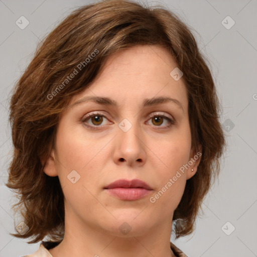 Joyful white young-adult female with medium  brown hair and green eyes