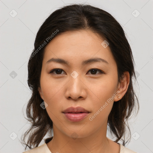 Neutral asian young-adult female with medium  brown hair and brown eyes