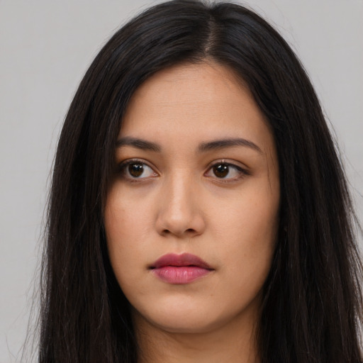 Neutral asian young-adult female with long  black hair and brown eyes