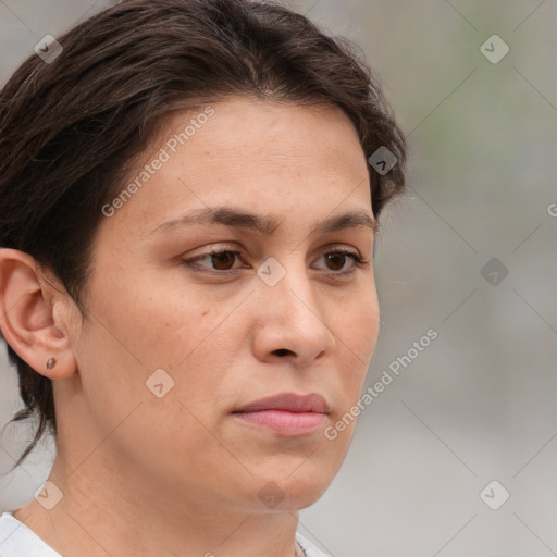 Neutral white young-adult female with medium  brown hair and brown eyes