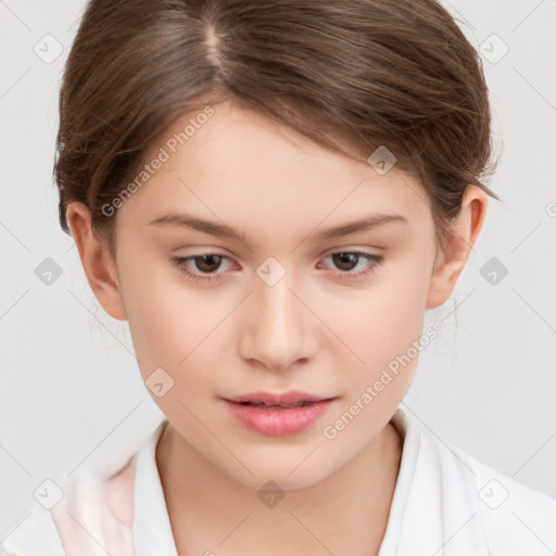 Joyful white child female with short  brown hair and brown eyes