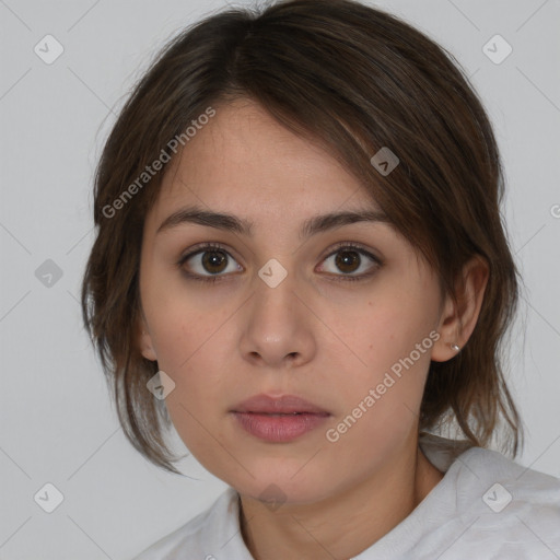 Neutral white young-adult female with medium  brown hair and brown eyes