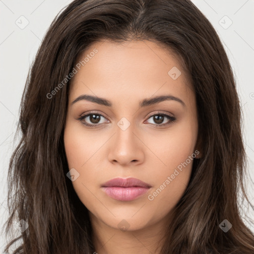 Neutral white young-adult female with long  brown hair and brown eyes