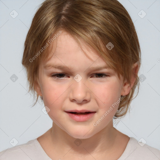 Joyful white child female with medium  brown hair and brown eyes