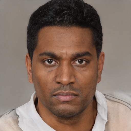 Neutral black young-adult male with short  black hair and brown eyes