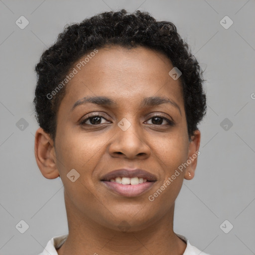 Joyful black young-adult female with short  brown hair and brown eyes