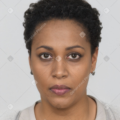 Neutral black young-adult female with short  black hair and brown eyes