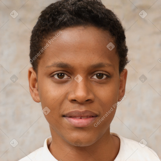 Joyful black young-adult male with short  brown hair and brown eyes