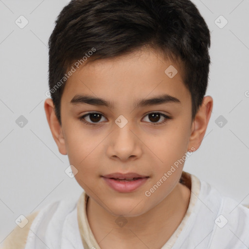 Joyful white child male with short  brown hair and brown eyes