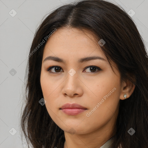 Neutral asian young-adult female with long  brown hair and brown eyes