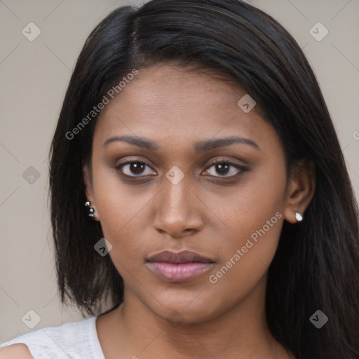 Neutral asian young-adult female with medium  black hair and brown eyes