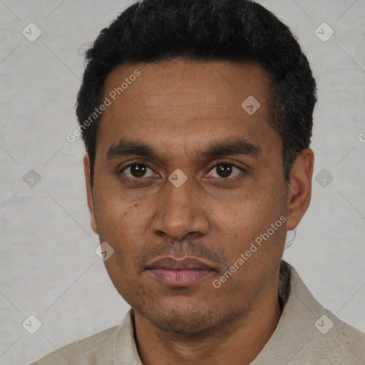 Neutral latino adult male with short  black hair and brown eyes