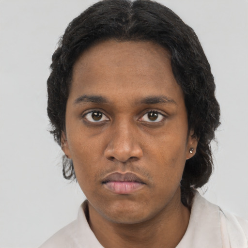 Neutral black young-adult male with short  black hair and brown eyes