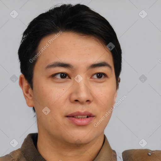 Joyful asian young-adult male with short  brown hair and brown eyes