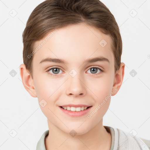 Joyful white child female with short  brown hair and grey eyes