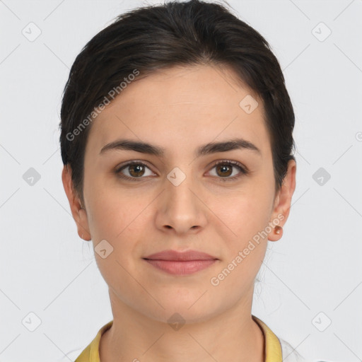 Joyful white young-adult female with short  brown hair and brown eyes