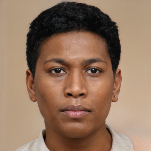 Neutral black young-adult male with short  black hair and brown eyes