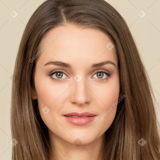 Neutral white young-adult female with long  brown hair and brown eyes