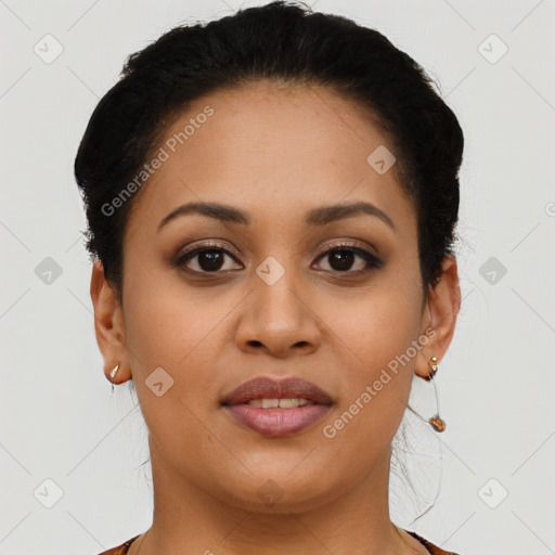 Joyful latino young-adult female with short  brown hair and brown eyes