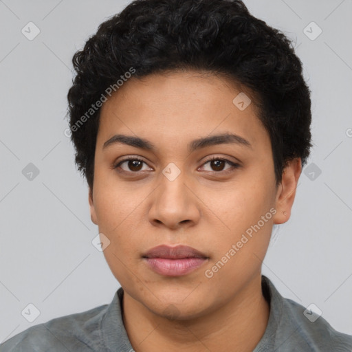 Neutral latino young-adult female with short  black hair and brown eyes