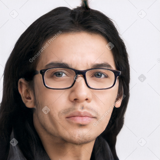 Neutral asian young-adult male with long  black hair and brown eyes