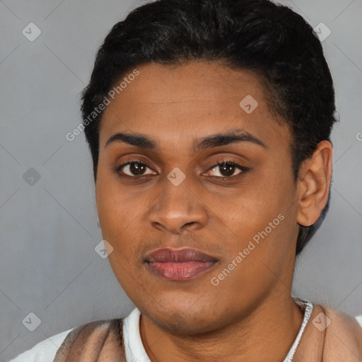 Joyful latino young-adult female with short  black hair and brown eyes