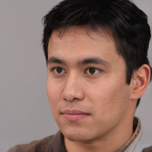 Neutral asian young-adult male with short  brown hair and brown eyes