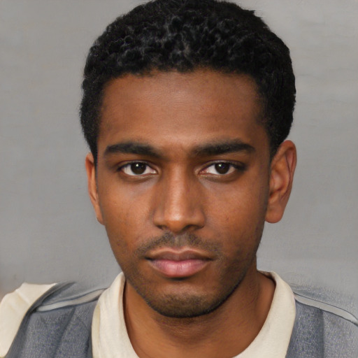 Neutral black young-adult male with short  black hair and brown eyes