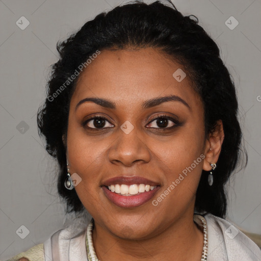 Joyful latino young-adult female with medium  black hair and brown eyes