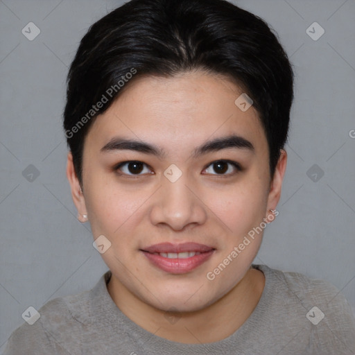 Joyful asian young-adult female with short  brown hair and brown eyes