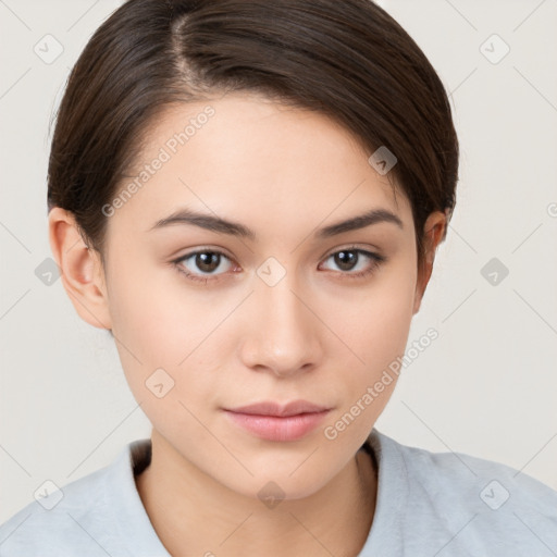 Neutral white young-adult female with medium  brown hair and brown eyes