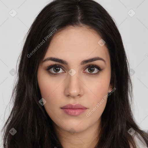 Neutral white young-adult female with long  brown hair and brown eyes