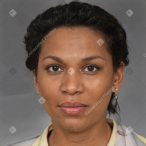 Neutral black adult female with short  brown hair and brown eyes