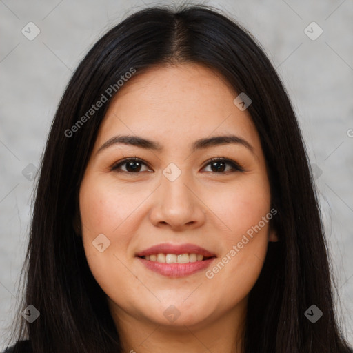 Joyful white young-adult female with long  brown hair and brown eyes