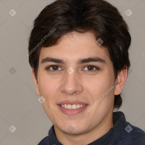 Joyful white young-adult male with medium  brown hair and brown eyes