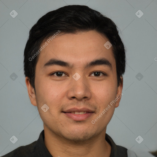 Joyful white young-adult male with short  black hair and brown eyes